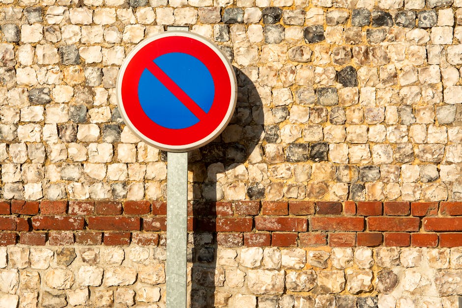A round no parking traffic sign with a red border and a blue background featuring a red diagonal slash, mounted on a metal pole attached to a textured brick and stone wall. The sign casts a shadow on the wall, indicating sunlight. The wall consists of irregularly shaped beige and brown stones with a horizontal red brick band running across the middle. The image captures an outdoor urban environment, typical of street or building frontage, potentially relevant for house removals and moving services, as part of the logistical planning for home relocation in North Sheen, managed by Man with Van North Sheen.