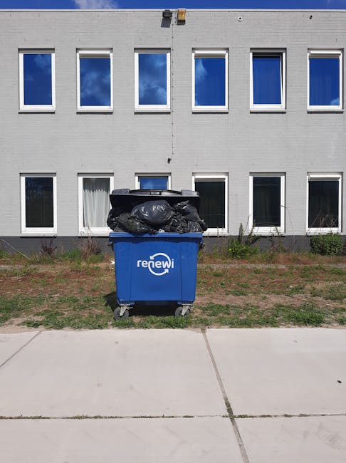 A blue communal waste bin labeled 'renewi' positioned on a paved sidewalk in front of a modern, white, two-story building with large rectangular windows. The bin is filled with black rubbish bags and other waste materials, with some bags spilling over the top. The area surrounding the bin includes a small patch of grass with sparse vegetation, and the sky reflected in the windows is partly cloudy with blue sky and white clouds. The scene appears to be part of a residential or office property where waste disposal and clearance activities may take place, relevant to house removals and relocation services offered by Man with Van North Sheen.
