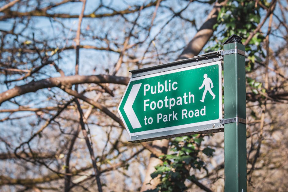 A green directional sign attached to a metal pole indicating the route to a public footpath leading to Park Road. The sign features a white walking figure and text that reads 'Public Footpath to Park Road' with an arrow pointing to the left. In the background, there are leafless tree branches against a bright sky, suggesting a clear day. This type of signage is common in residential areas, guiding pedestrians, and could relate to the surroundings of house removals or home relocation services in North Sheen, as indicated on the company website, manwithvannorthsheen.co.uk.