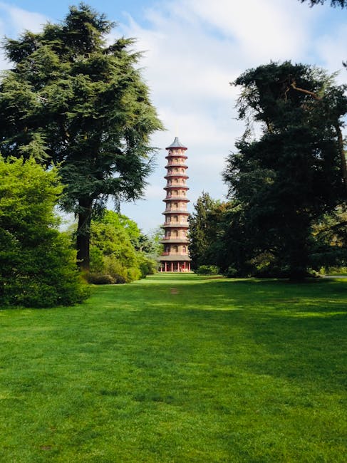 A view of a tall, multi-tiered pagoda situated in the distance, surrounded by lush green trees and a well-maintained grassy lawn in the foreground. The scene is taken during daytime with a partly cloudy sky overhead. The image appears to be taken in a park or garden setting, with the pagoda serving as a prominent feature. The area is open and flat, with no visible vehicles or equipment, indicating a peaceful outdoor environment. This setting could relate to house removals or relocation services where careful transport and placement of furniture and boxes are necessary in scenic or landscaped locations, exemplifying the importance of precise planning in moving logistics, as styled by the company Man with Van North Sheen.