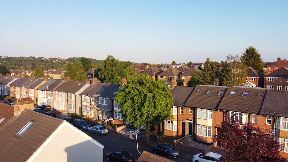 An aerial view of a residential neighborhood during daylight, showing a street lined with terraced houses featuring brick and pastel-colored facades, some with bay windows and small front gardens. Cars are parked along the roadside, and a large green tree stands amidst the houses, casting a shadow on the pavement and parked vehicles. In the foreground, the sloped roof of a house with skylights is visible, along with a corner of a white building. The scene captures a calm suburban area suitable for home relocation and furniture transport activities, with clear skies and lush greenery indicating a well-maintained neighborhood, as part of the internal process of packing, loading, and moving logistics handled by Man with Van North Sheen.
